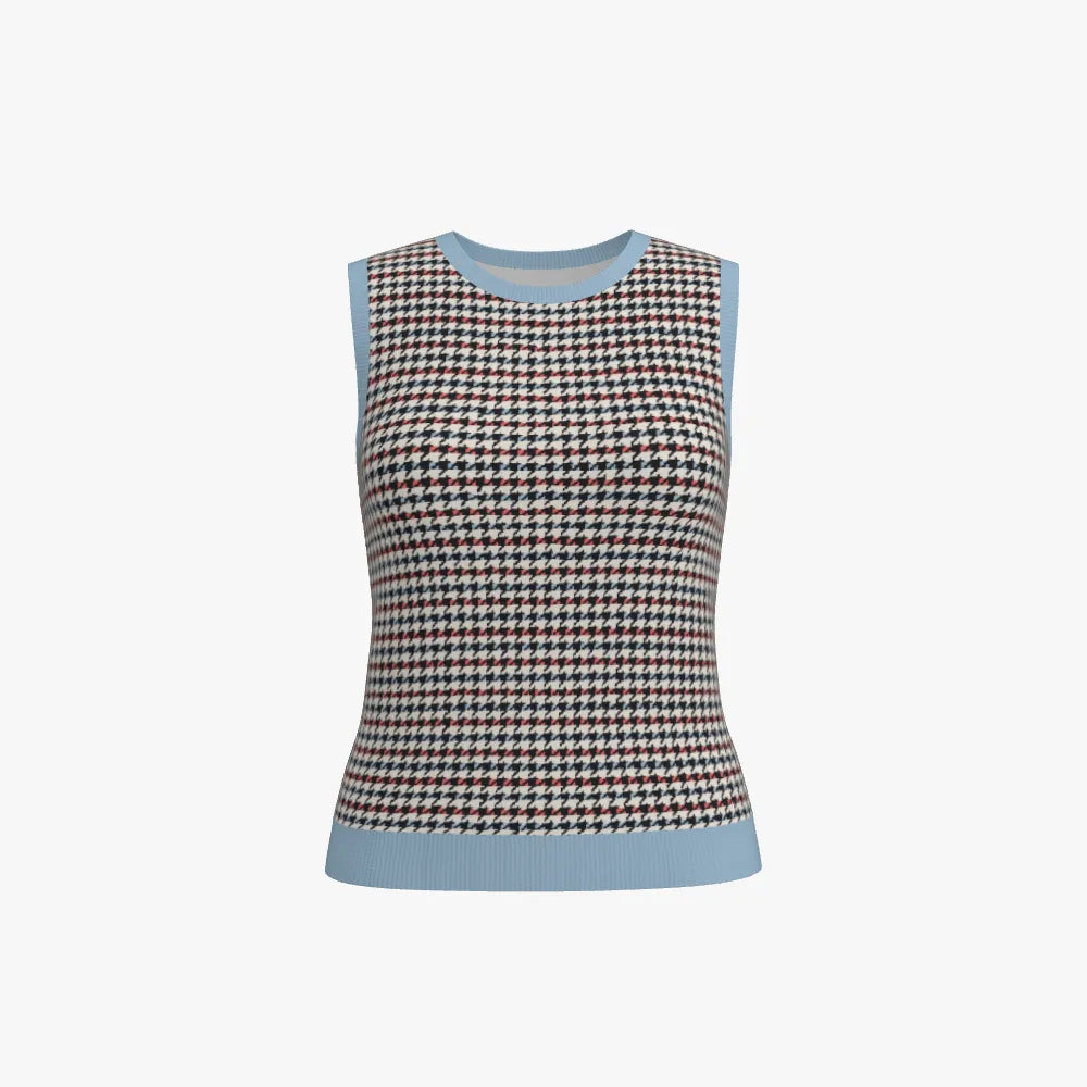 Women's Jacquard Round Neck Sleeveless Vest | 12 GG | Light Blue | Black | Yellow | Orange |