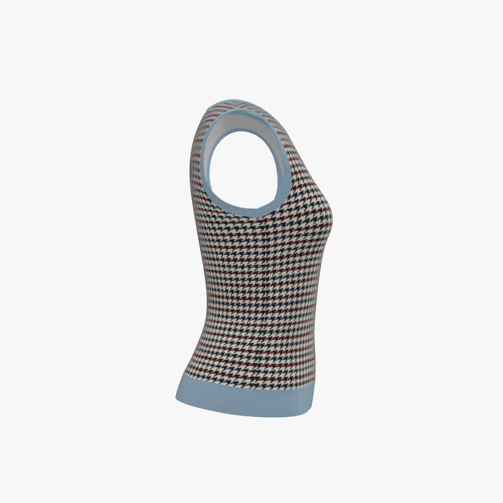 Women's Jacquard Round Neck Sleeveless Vest | 12 GG | Light Blue | Black | Yellow | Orange |