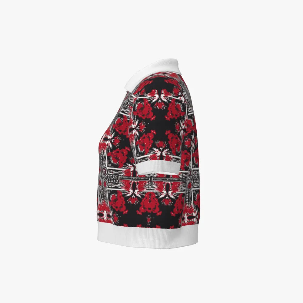 Women's Jacquard Stitch Cropped Polo | 12 GG | Red | Black | White |