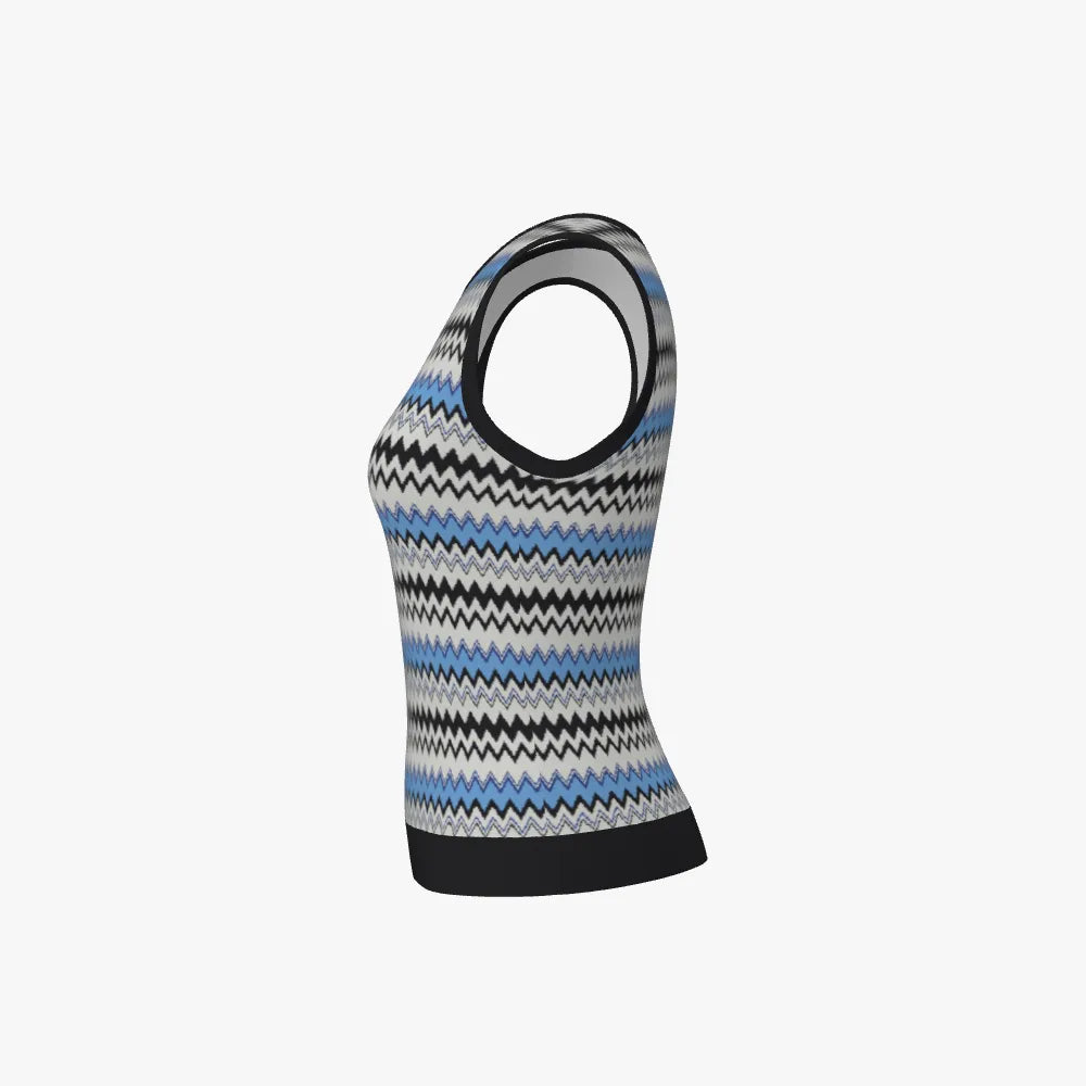 Women's Jacquard Fitted Round Neck Vest | 12 GG | Light Blue | Grey | Navy |