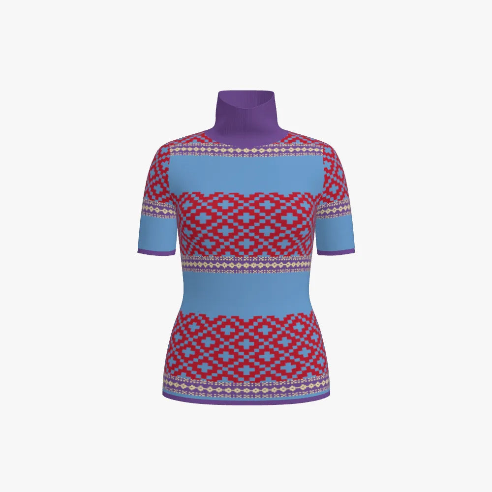 Women's Fitted Stand Neck Top | 12 GG | Scarlet Red | Lavender | Sky Blue | Gold |