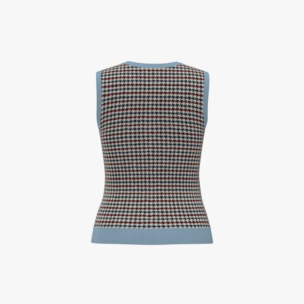Women's Jacquard Round Neck Sleeveless Vest | 12 GG | Light Blue | Black | Yellow | Orange |