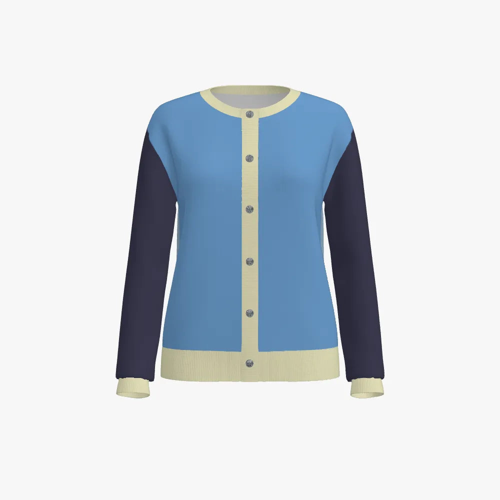 Women's Jacquard Round Neck Long Sleeve Cardigan | 12 GG | Navy Blue | Sky Blue | Beige |