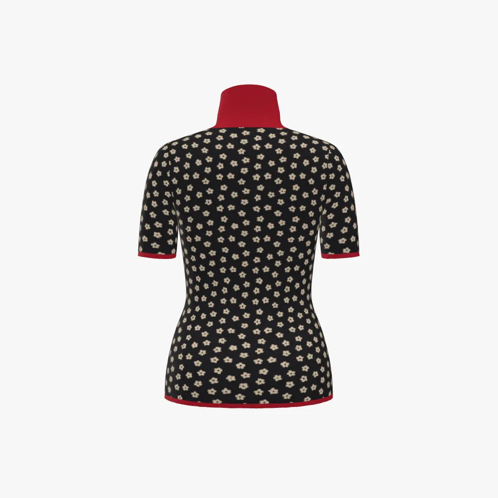 Women's Jacquard Fitted Stand Neck Top | 12 GG | Red | Black | White |