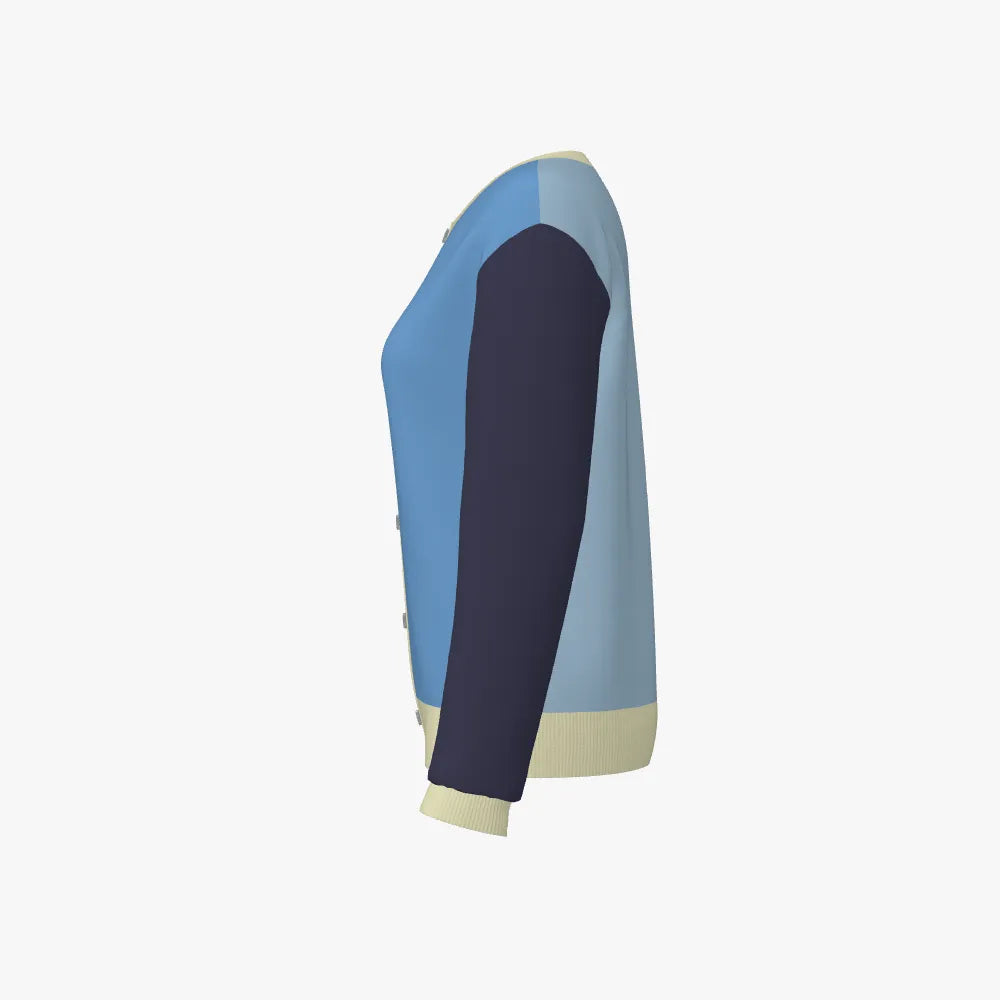 Women's Jacquard Round Neck Long Sleeve Cardigan | 12 GG | Navy Blue | Sky Blue | Beige |