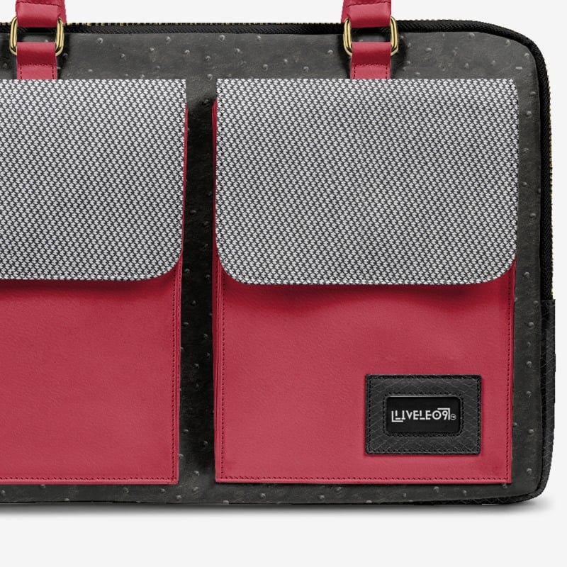 LIVELEO9 Ostrich Leather Laptop Bag | Red | Black | Hound Tooth |