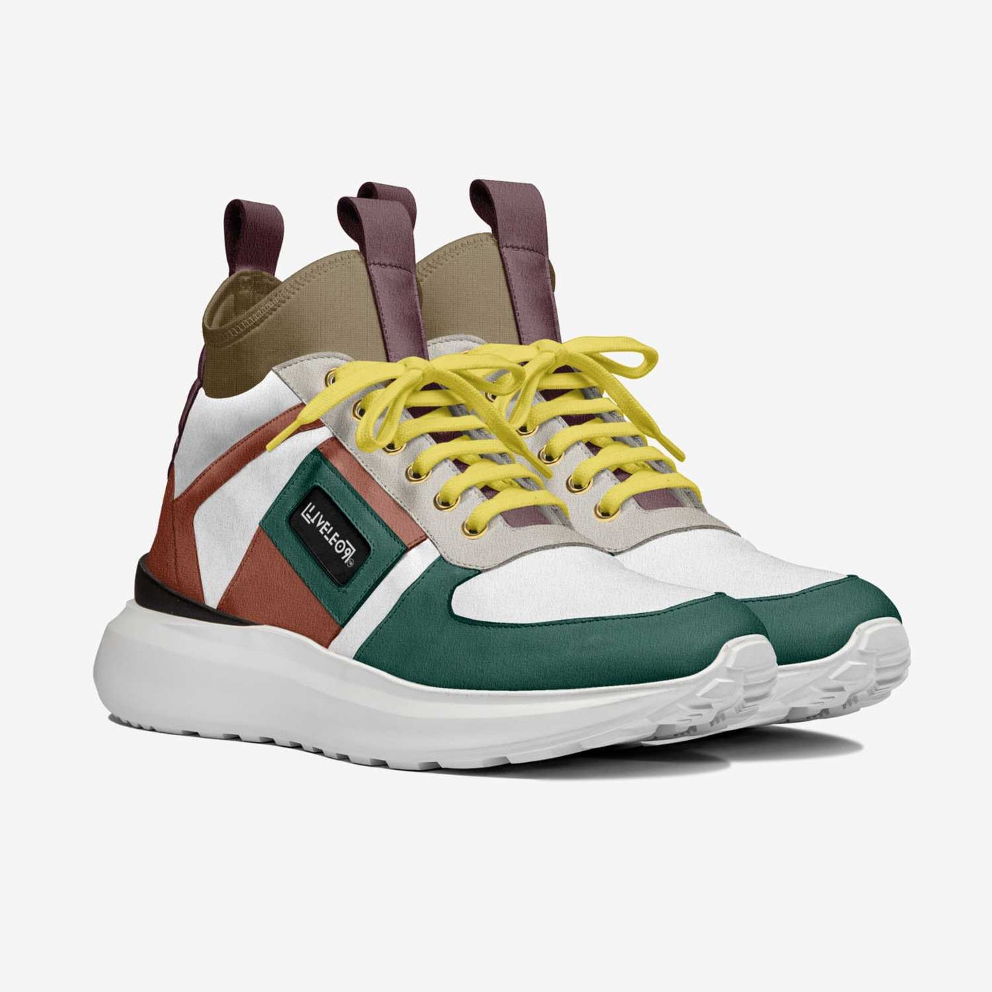 LIVELEO9 Classic Mid Sneaker 26' | White | Forrest Green | Brown | Yellow |