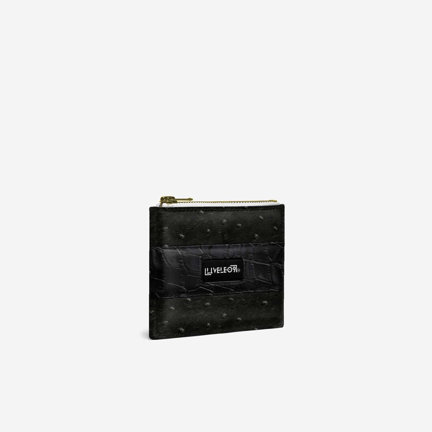 LIVELEO9 Ostrich Wallet | Black | White | Gold Zipper |