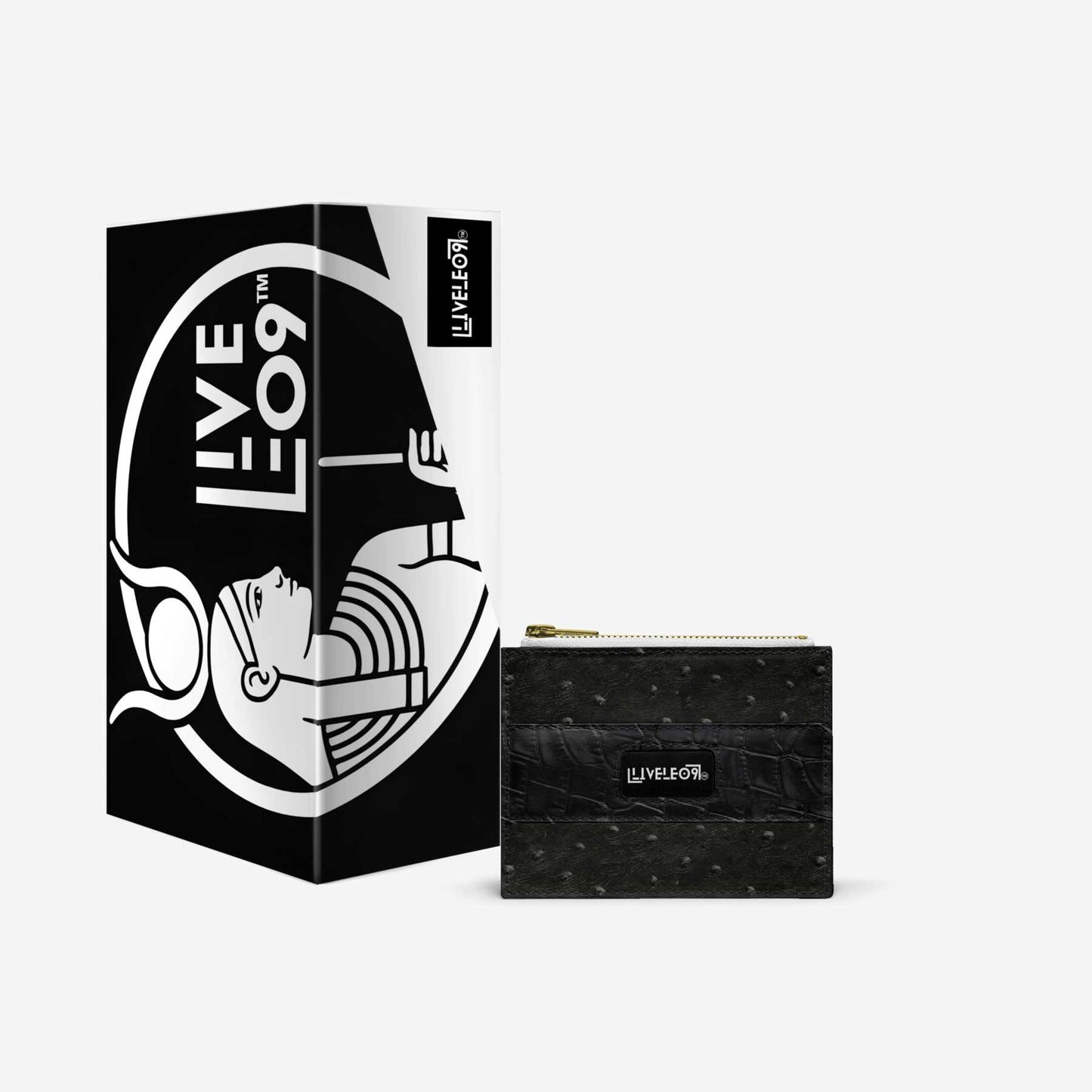 LIVELEO9 Ostrich Wallet | Black | White | Gold Zipper |
