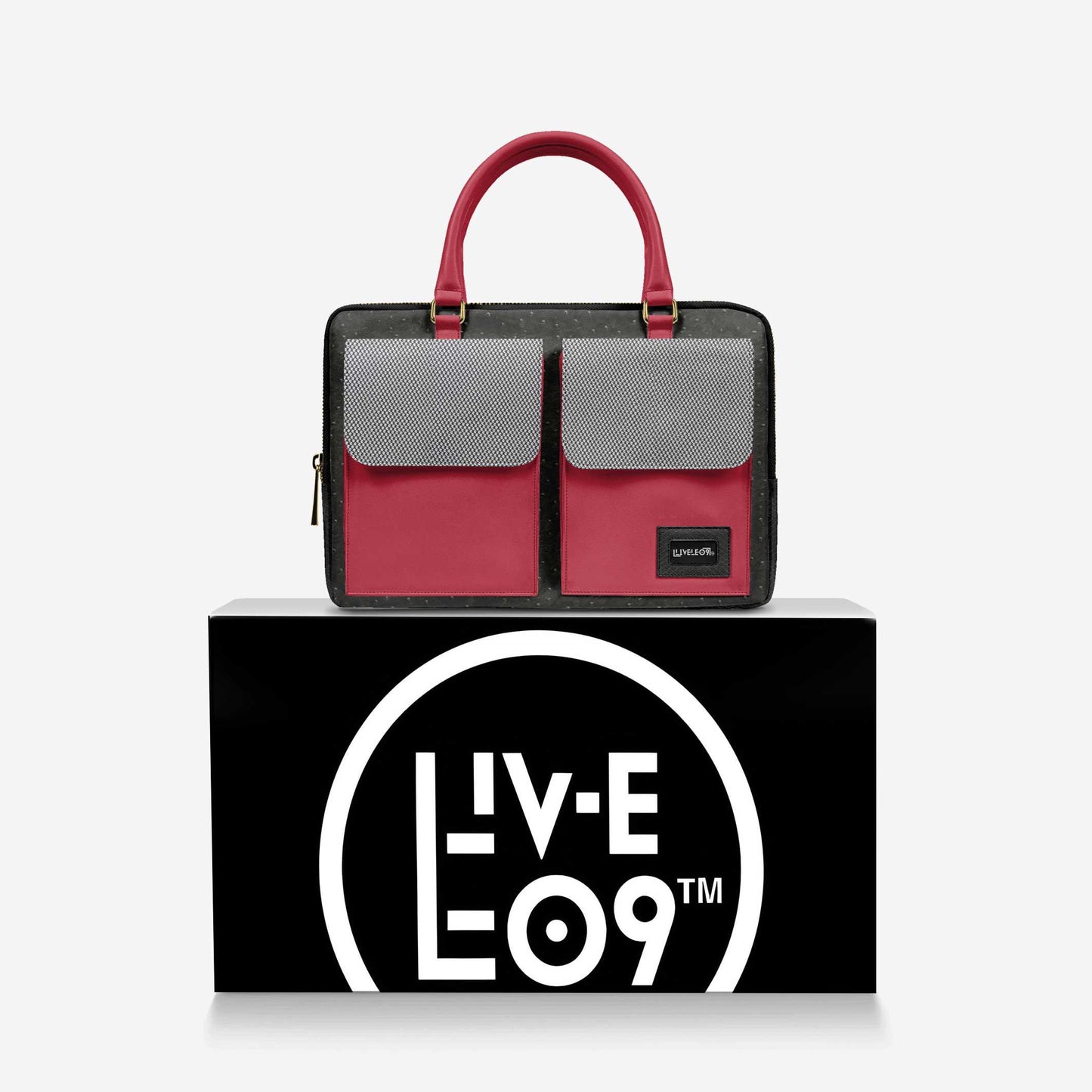 LIVELEO9 Ostrich Leather Laptop Bag | Red | Black | Hound Tooth |