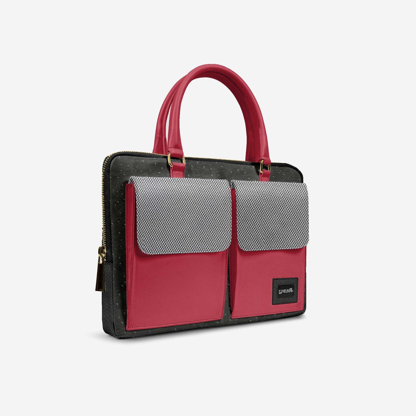 LIVELEO9 Ostrich Leather Laptop Bag | Red | Black | Hound Tooth |