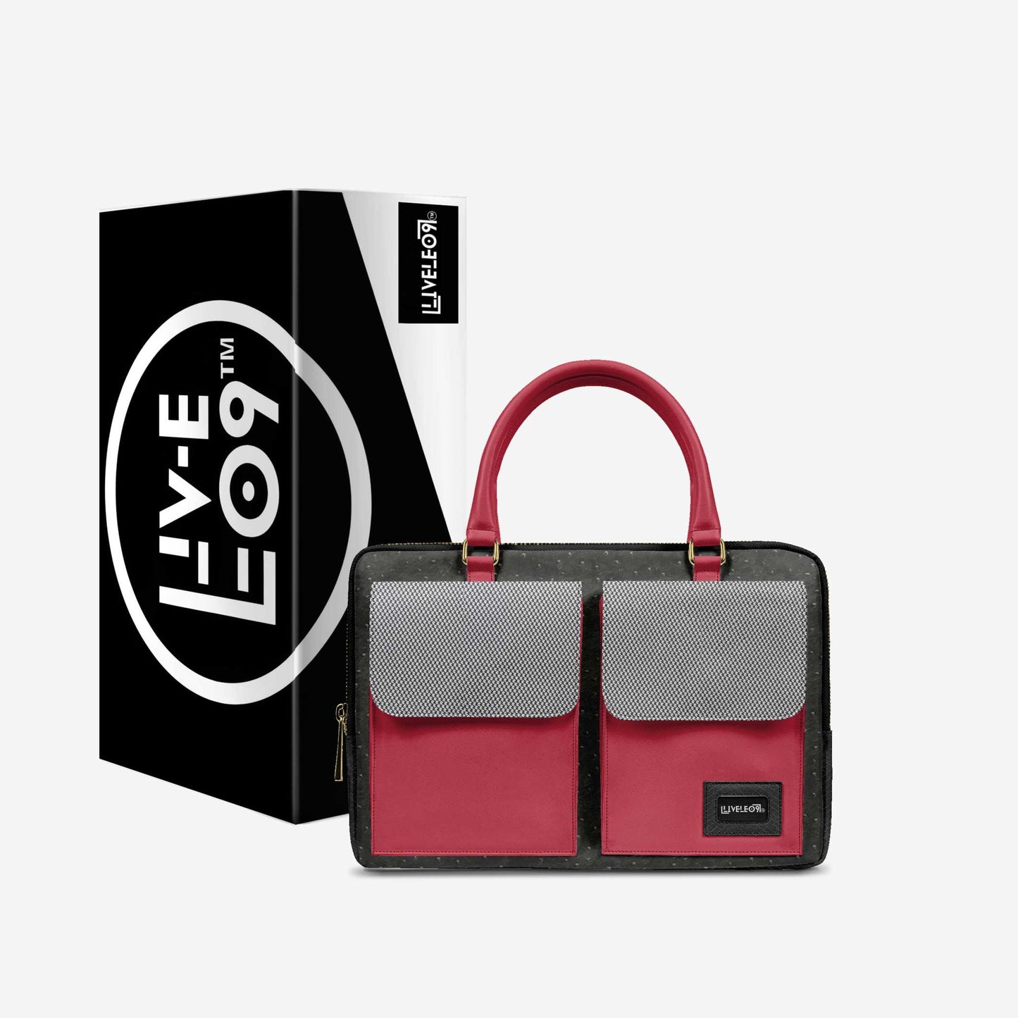 LIVELEO9 Ostrich Leather Laptop Bag | Red | Black | Hound Tooth |