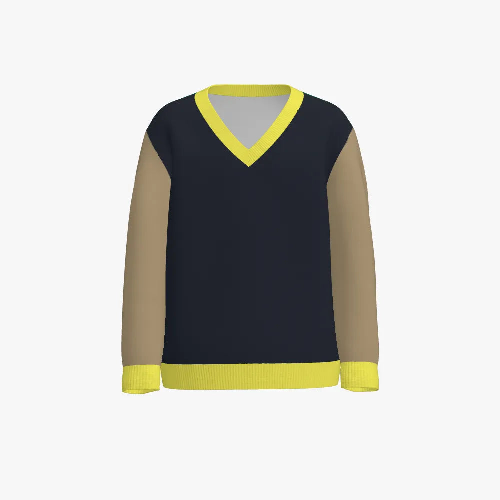 Kid's Jacquard V Neck Pullover | 12 GG | Navy | Green | Gold |