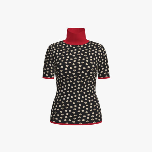 Women's Jacquard Fitted Stand Neck Top | 12 GG | Red | Black | White |