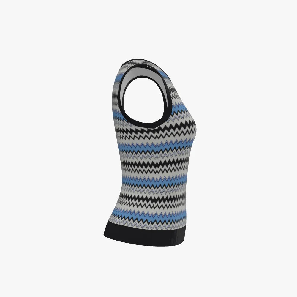 Women's Jacquard Fitted Round Neck Vest | 12 GG | Light Blue | Grey | Navy |