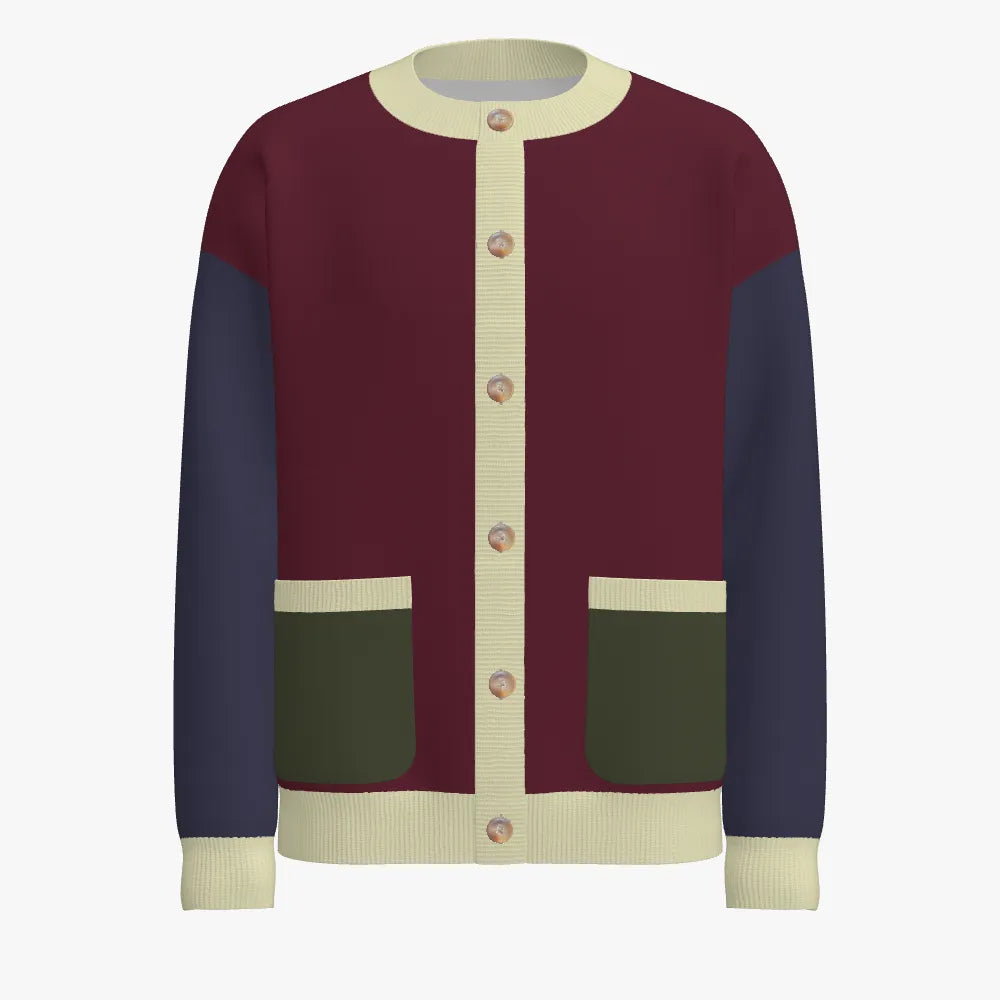 Men's Jacquard Over-sized Crew Neck Pocket Cardigan | 12 GG | Maroon | Navy | Forrest Green |Cream |