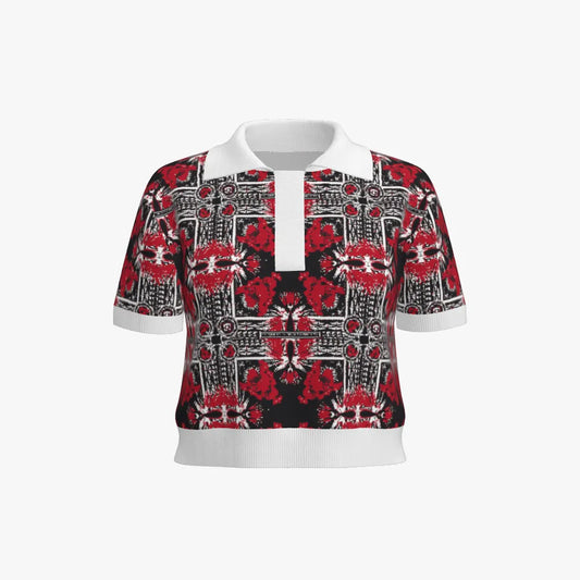 Women's Jacquard Stitch Cropped Polo | 12 GG | Red | Black | White |