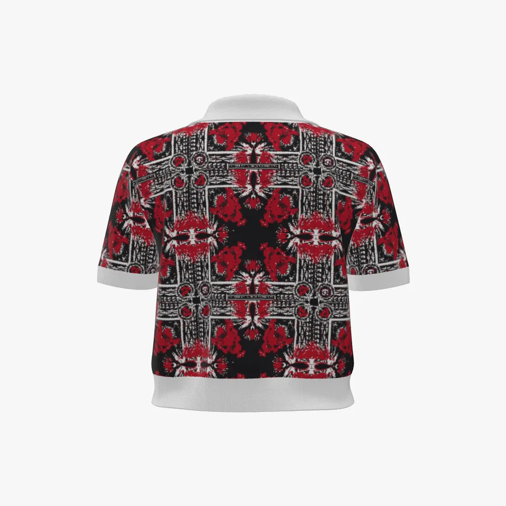 Women's Jacquard Stitch Cropped Polo | 12 GG | Red | Black | White |