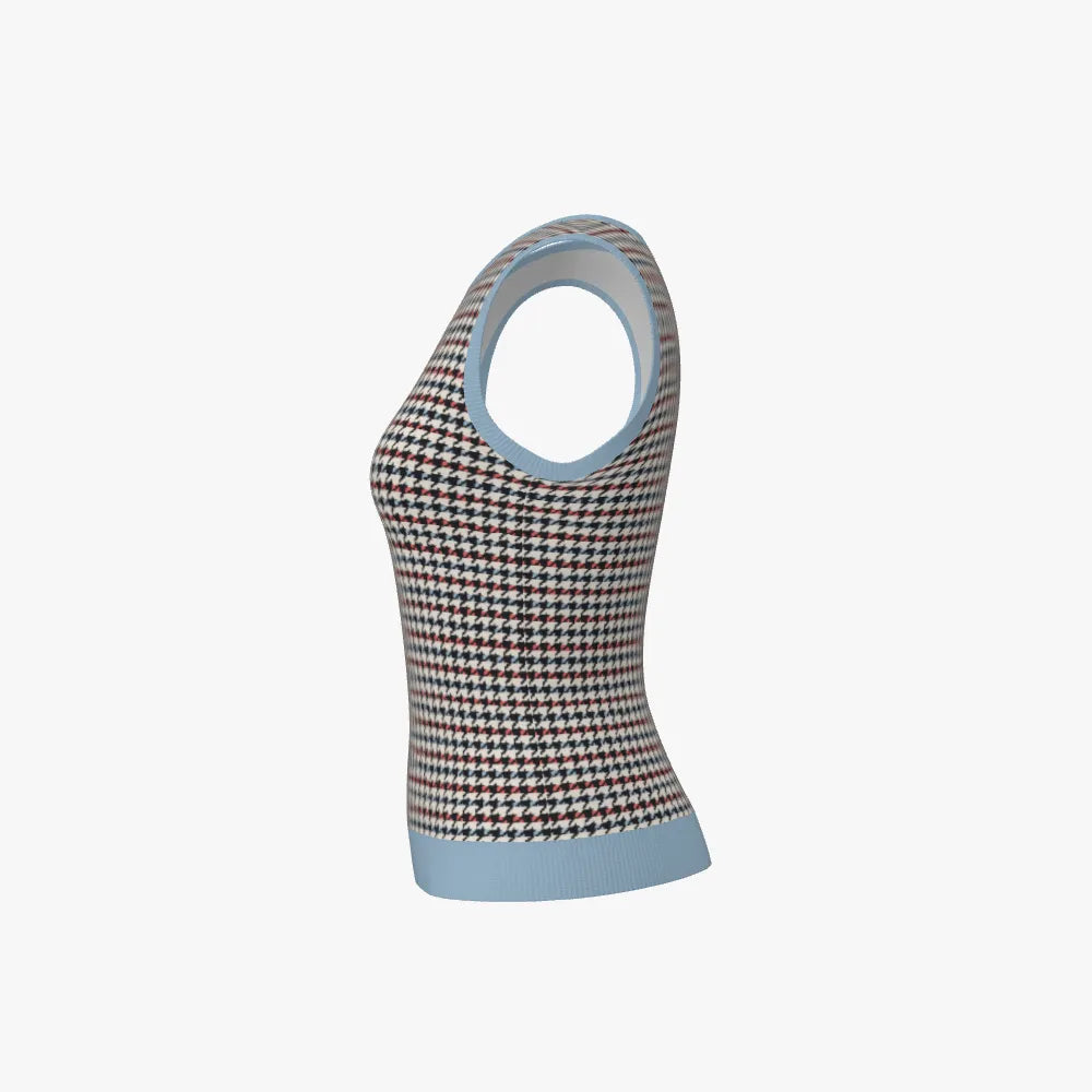 Women's Jacquard Round Neck Sleeveless Vest | 12 GG | Light Blue | Black | Yellow | Orange |