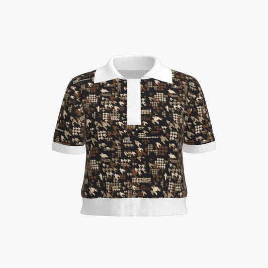 Women's Jacquard Cropped Polo | 12 GG | Brown | Black | Cream | White |
