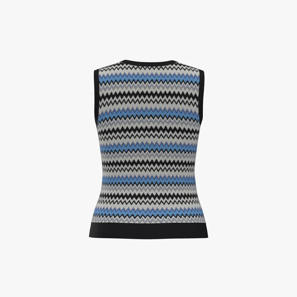 Women's Jacquard Fitted Round Neck Vest | 12 GG | Light Blue | Grey | Navy |