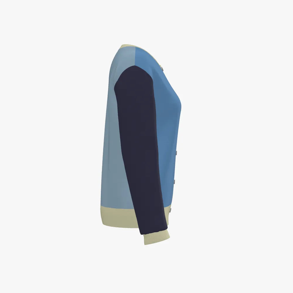 Women's Jacquard Round Neck Long Sleeve Cardigan | 12 GG | Navy Blue | Sky Blue | Beige |
