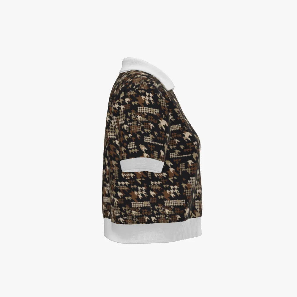 Women's Jacquard Cropped Polo | 12 GG | Brown | Black | Cream | White |