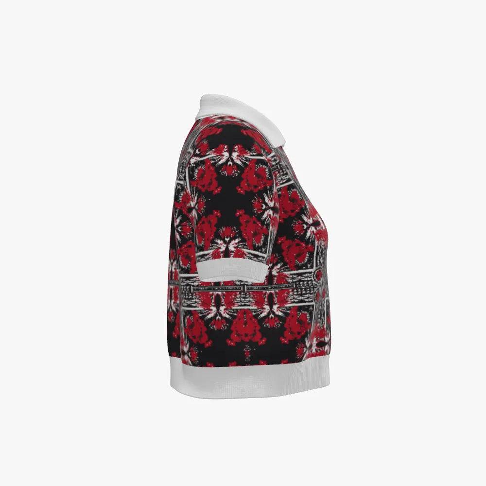Women's Jacquard Stitch Cropped Polo | 12 GG | Red | Black | White |