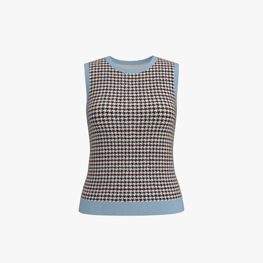 Women's Jacquard Round Neck Sleeveless Vest | 12 GG | Light Blue | Black | Yellow | Orange |