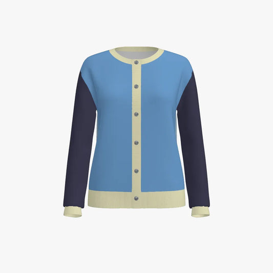 Women's Jacquard Round Neck Long Sleeve Cardigan | 12 GG | Navy Blue | Sky Blue | Beige |