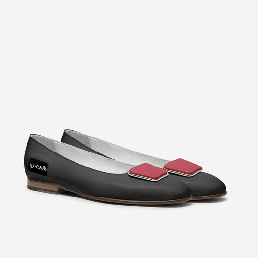 LIVELEO9 Calf Skin Ballerina | Black | Red | Gold |
