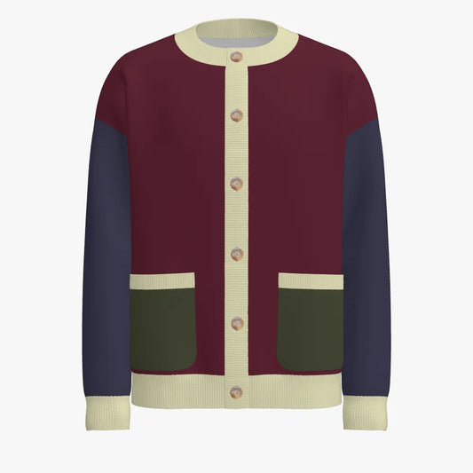Men's Jacquard Over-sized Crew Neck Pocket Cardigan | 12 GG | Maroon | Navy | Forrest Green |Cream |