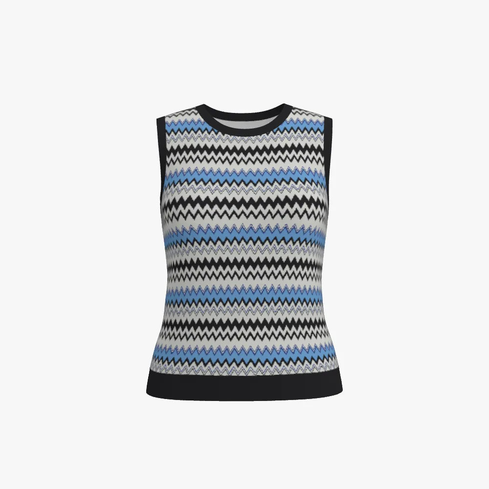 Women's Jacquard Fitted Round Neck Vest | 12 GG | Light Blue | Grey | Navy |